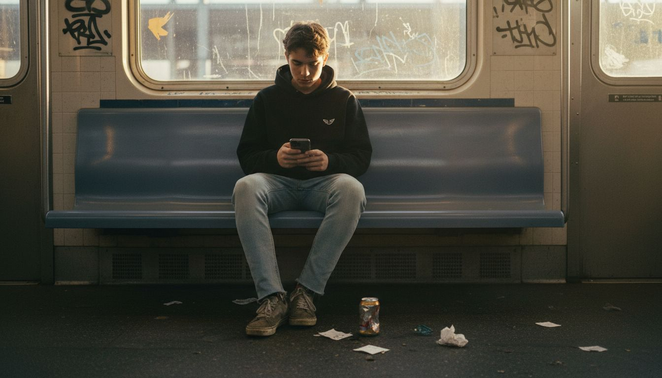 Urban anime hoodie worn on subway