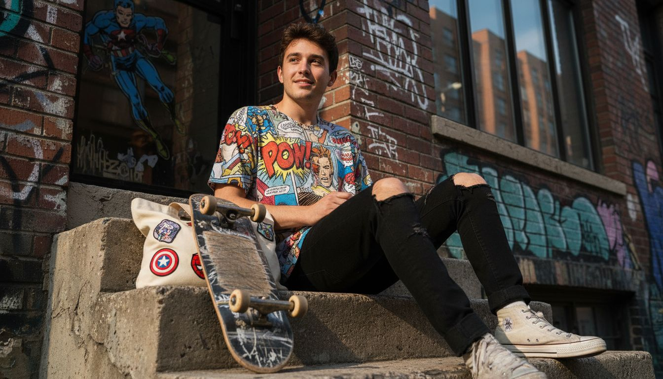 Man pairs comic shirt with streetwear jeans