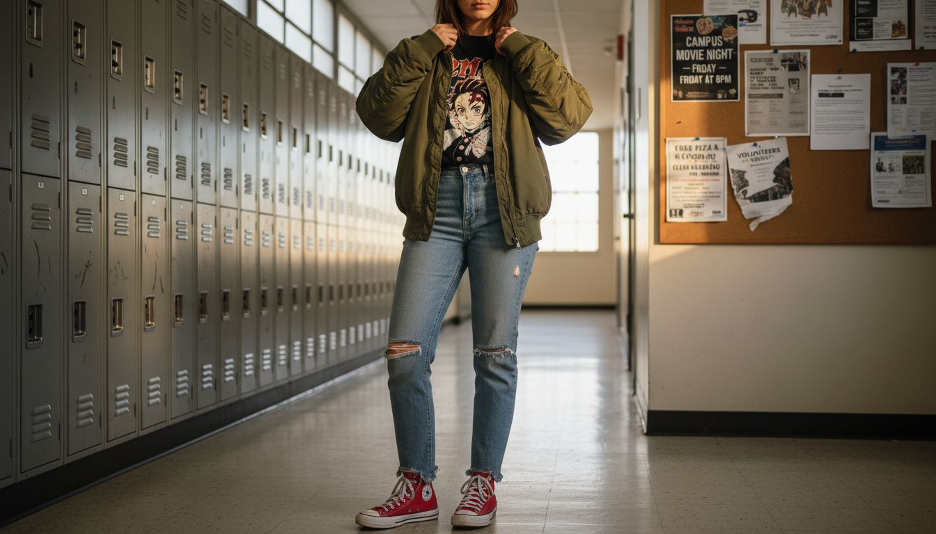 College student layering anime jacket