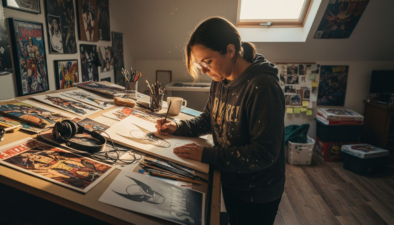 Designer sketching Wolverine comic tee artwork
