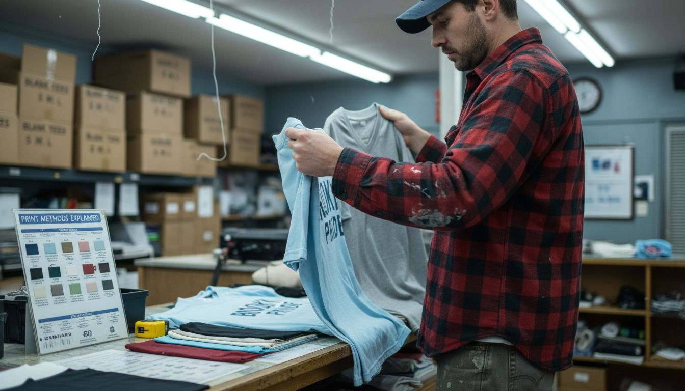 Man comparing shirt styles for print