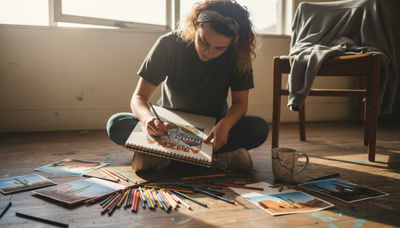 Artist sketching local themed shirt ideas