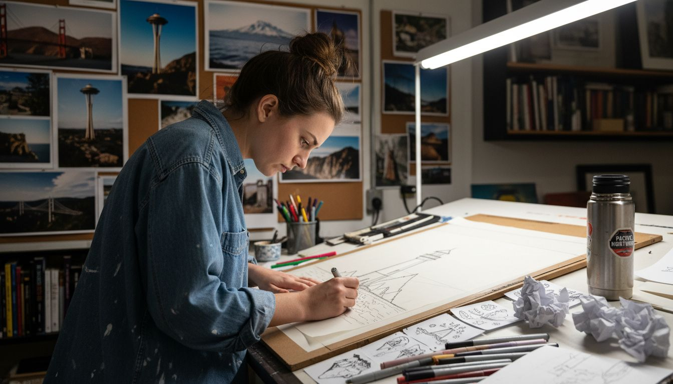 Artist refining regional T-shirt artwork sketches