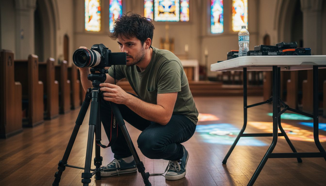 Videographer checks wedding gear in church