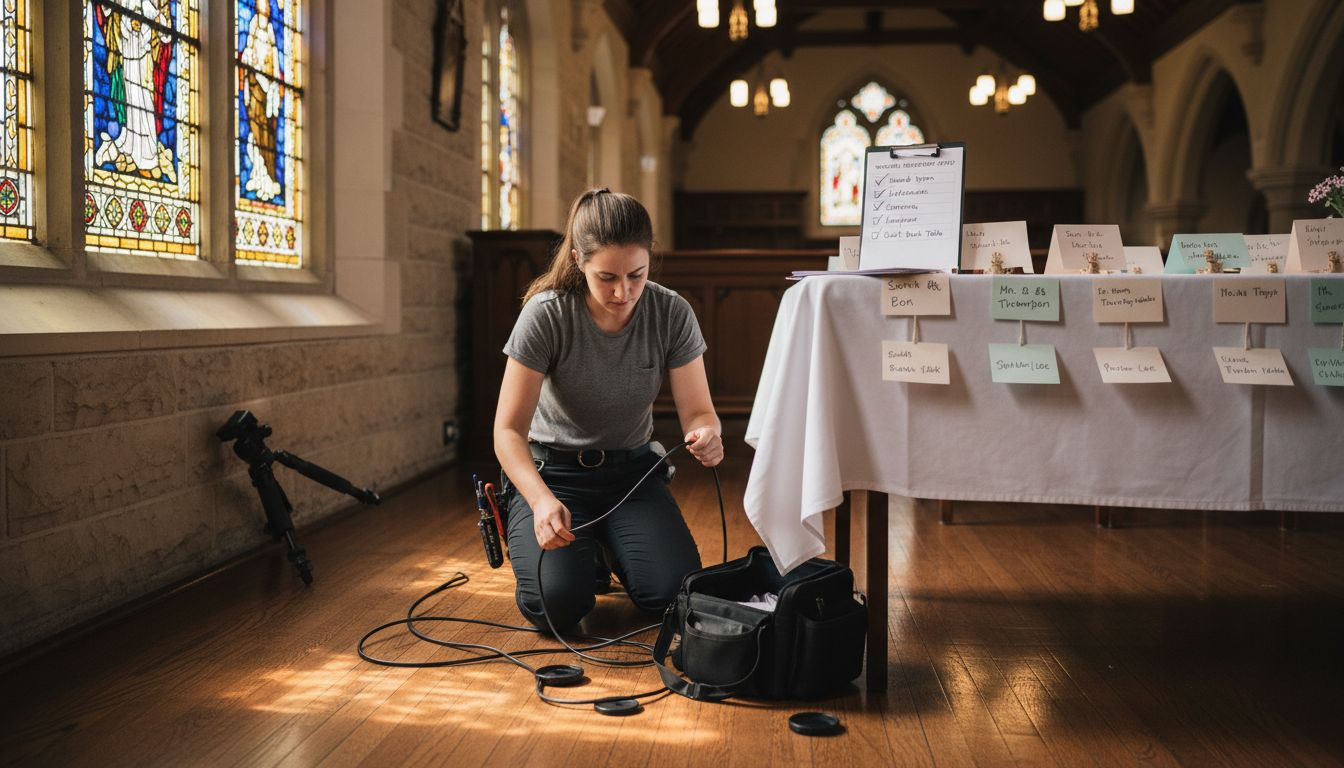 Assistant organizes wedding videography gear