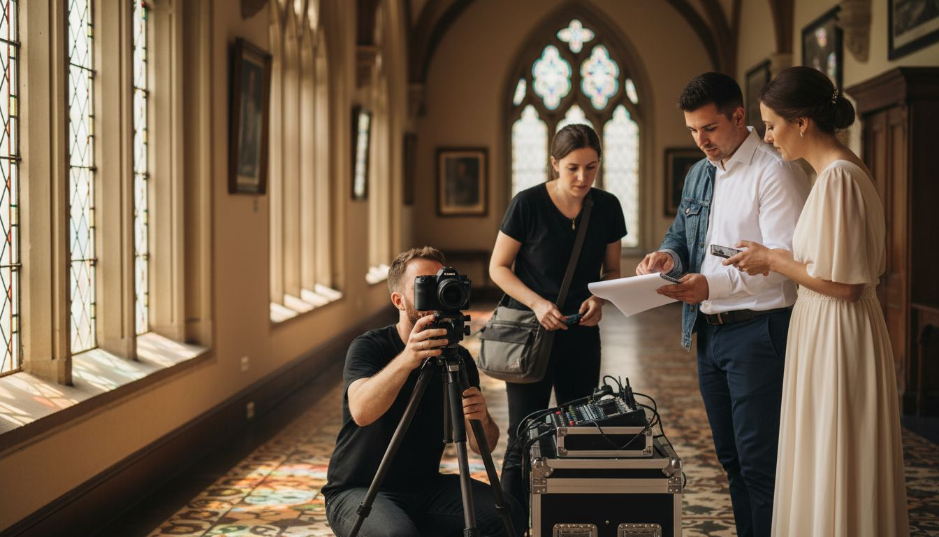 Couple talking with wedding videography team
