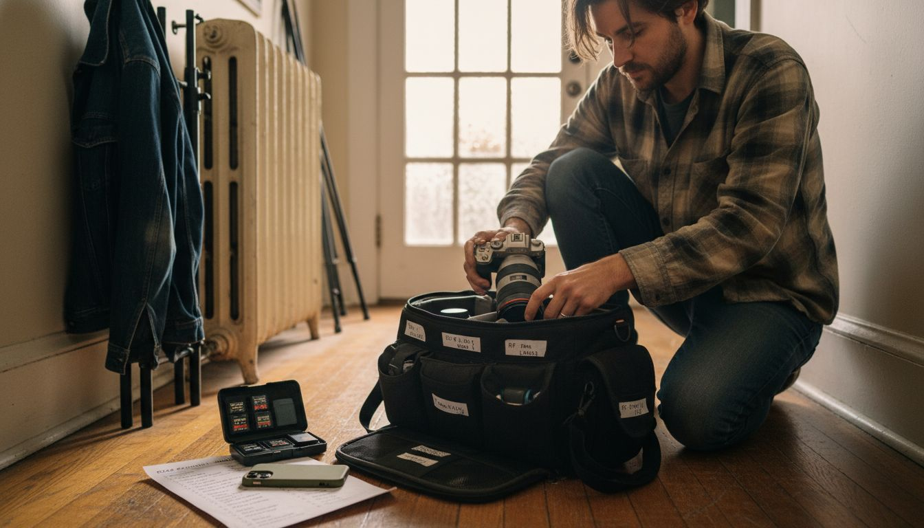 Photographer organizing gear before wedding shoot