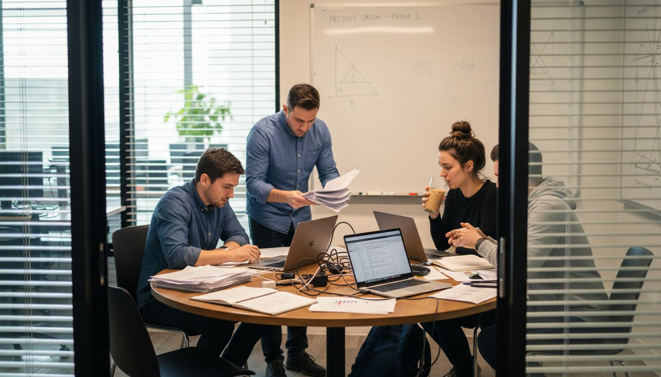 Coworkers meeting in glass conference room