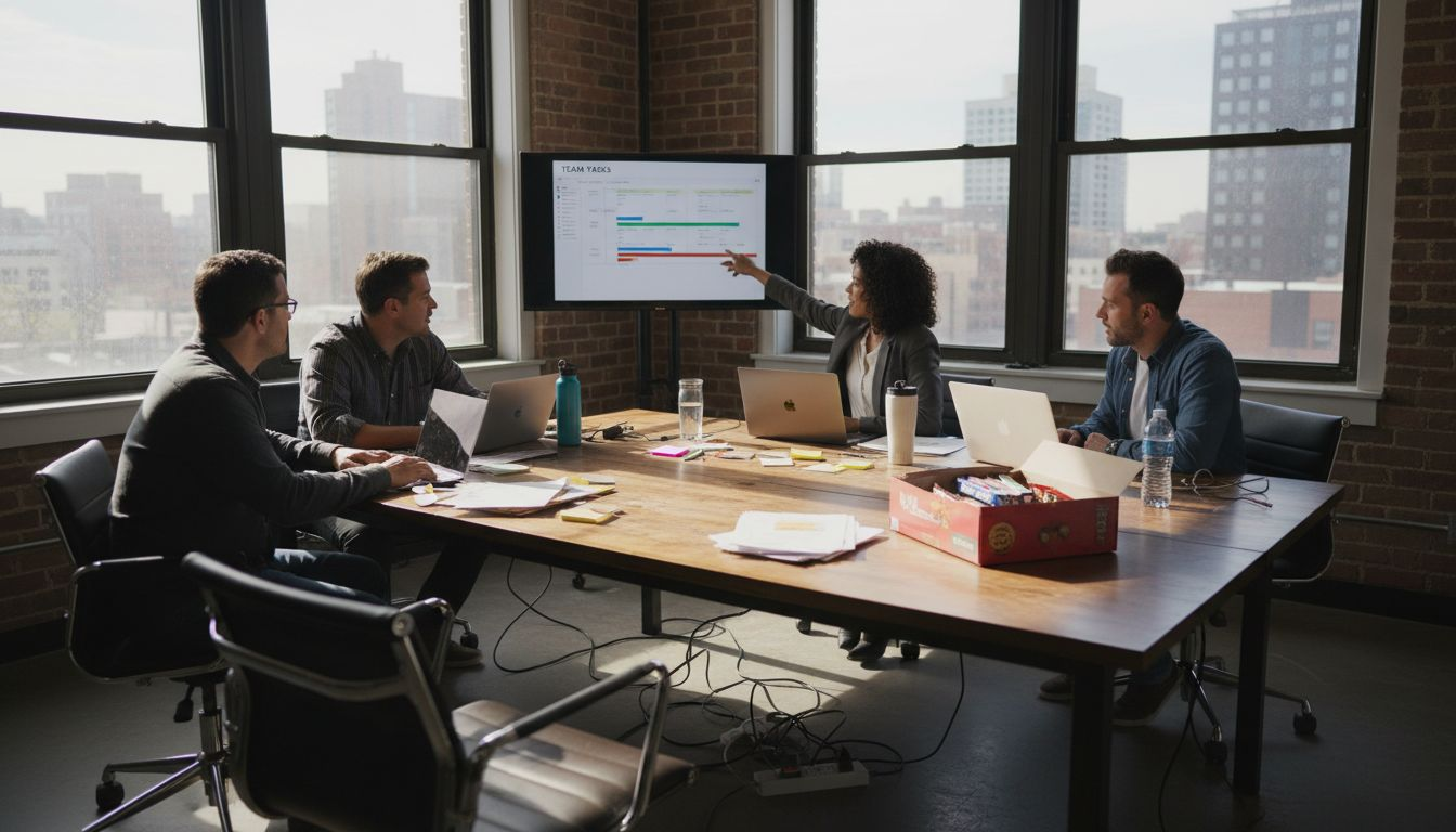 Team working together in sunlit corner office