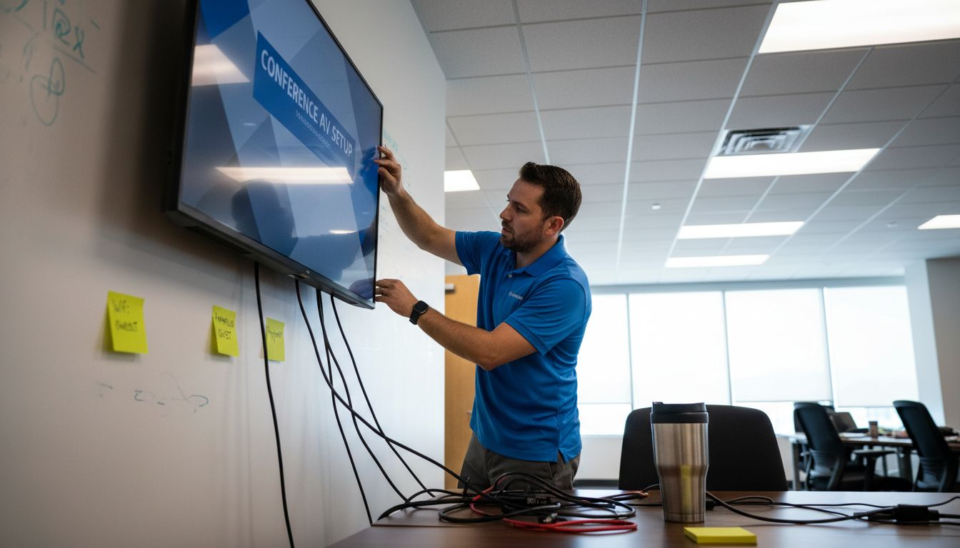 IT technician sets up meeting room technology
