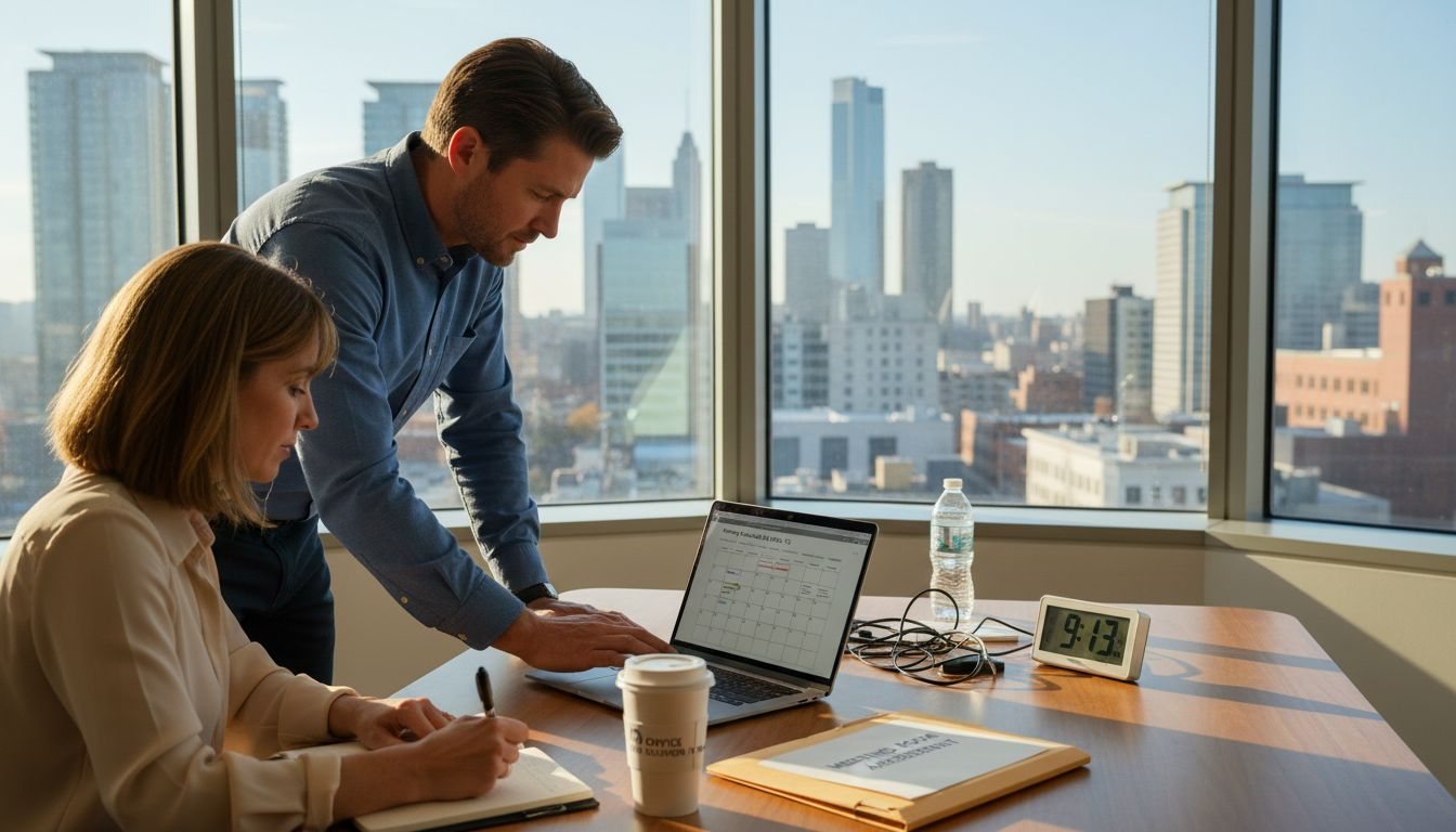 Business team finalizing meeting room rental