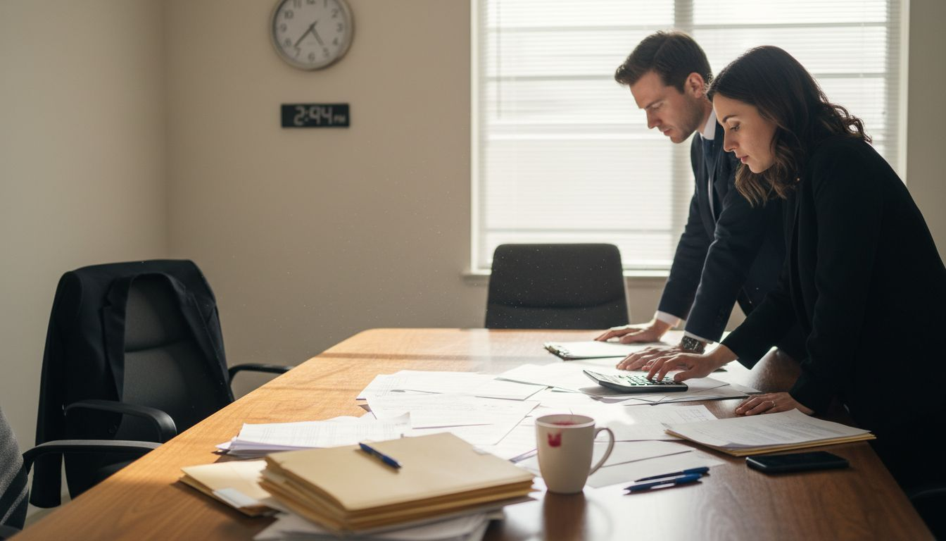 Colleagues review traditional office lease contract