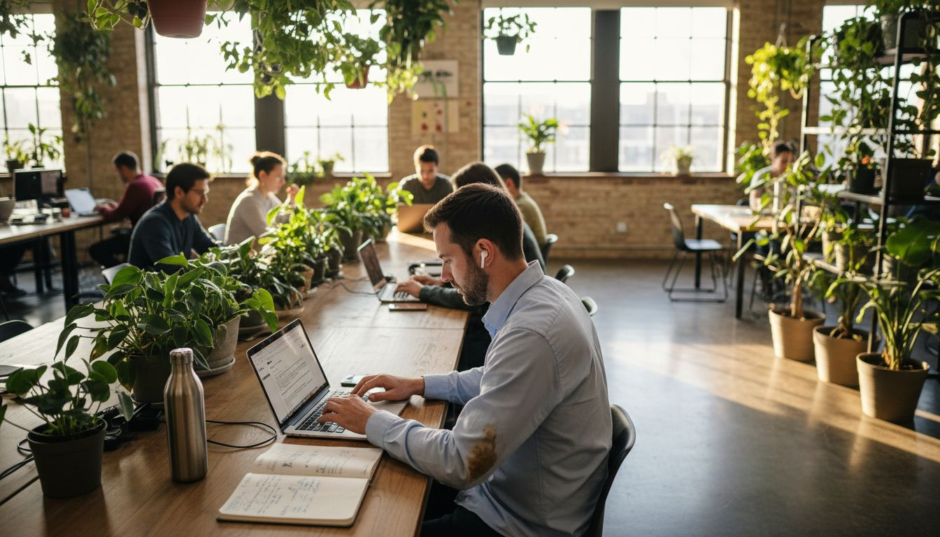 Man working in sunlit coworking space