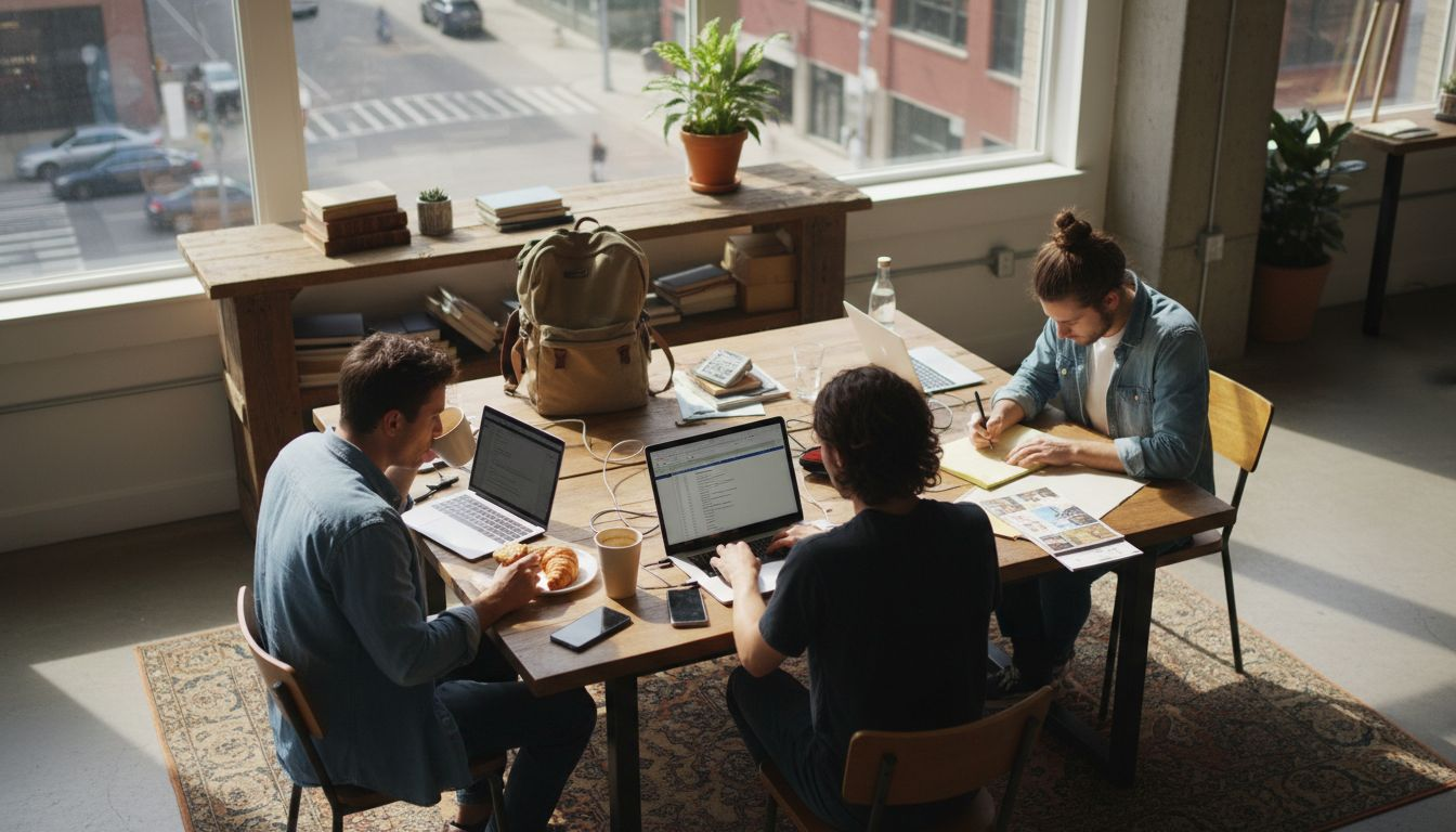 Freelancers working in busy coworking space