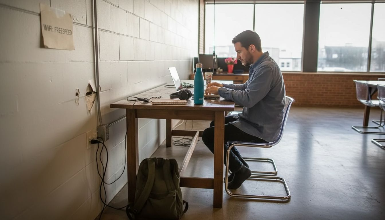 Man setting up essentials in coworking space