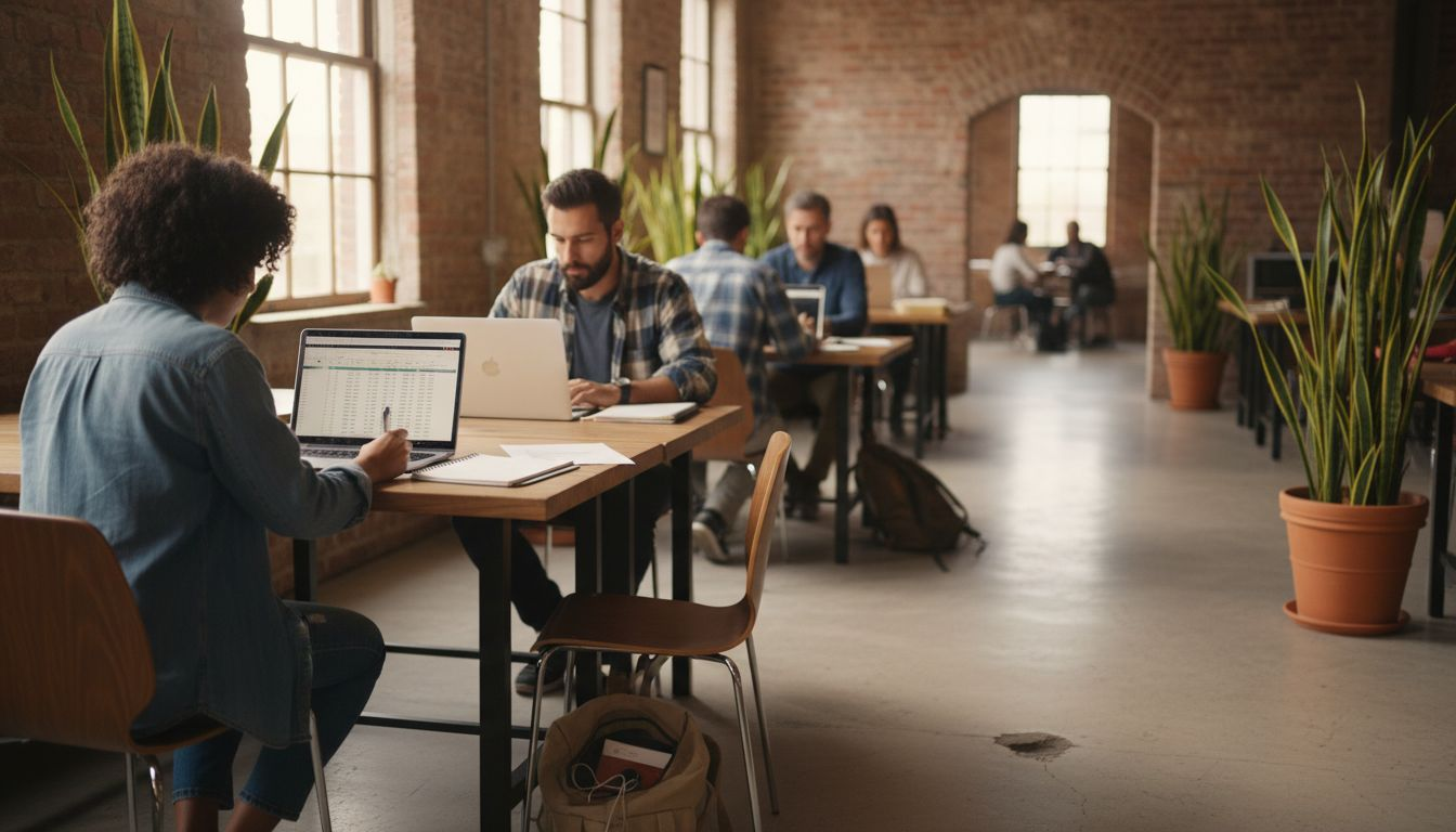 Professionals at shared desks in busy coworking space