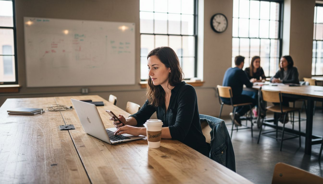 Young worker at coworking space communal table