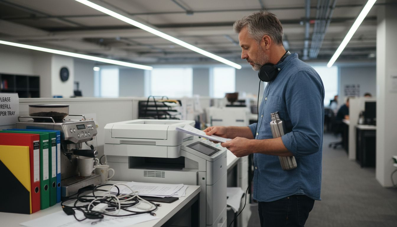 Designer using coworking amenities and resources