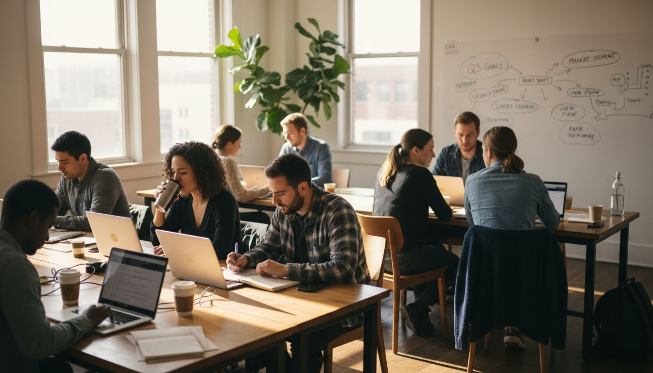 Professionals working in open coworking space setting