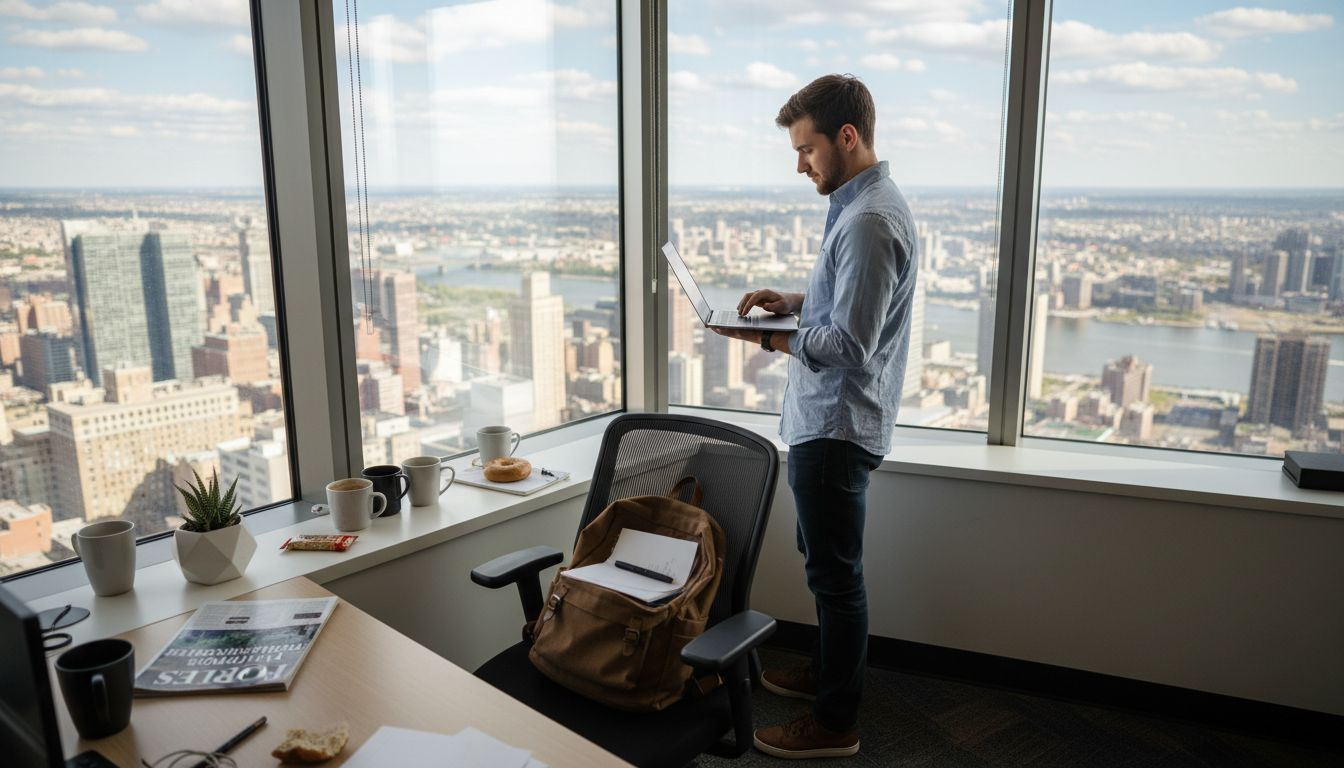 Entrepreneur in corner office with city view
