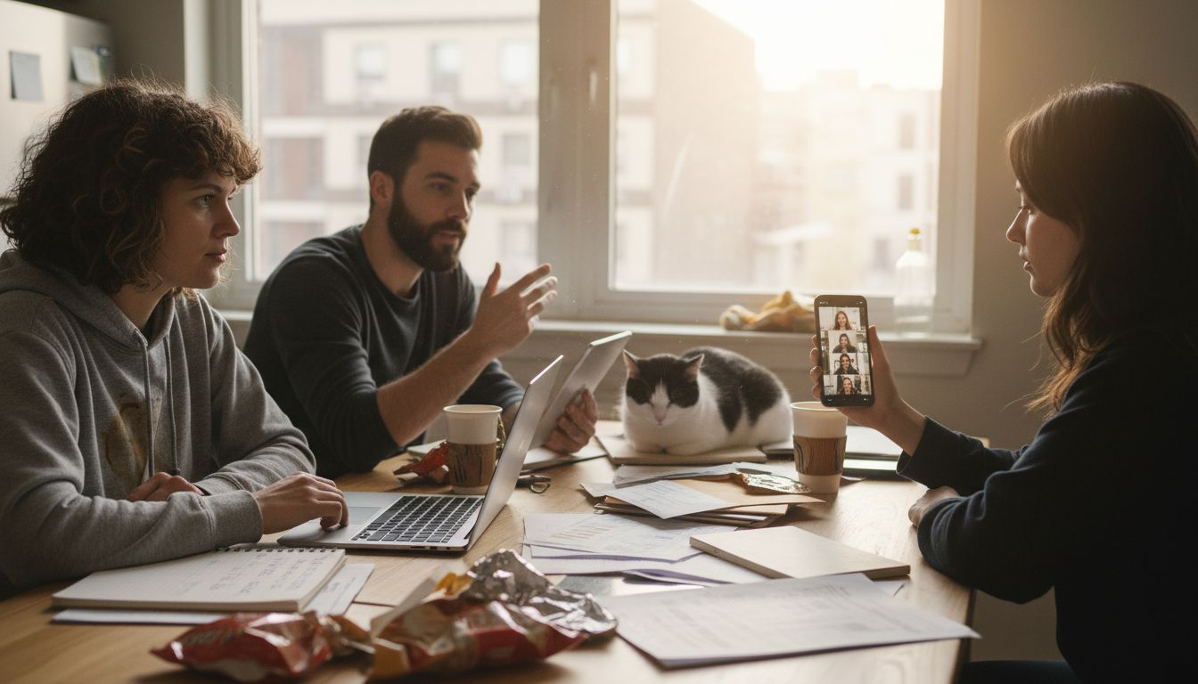Remote team video meeting at messy table