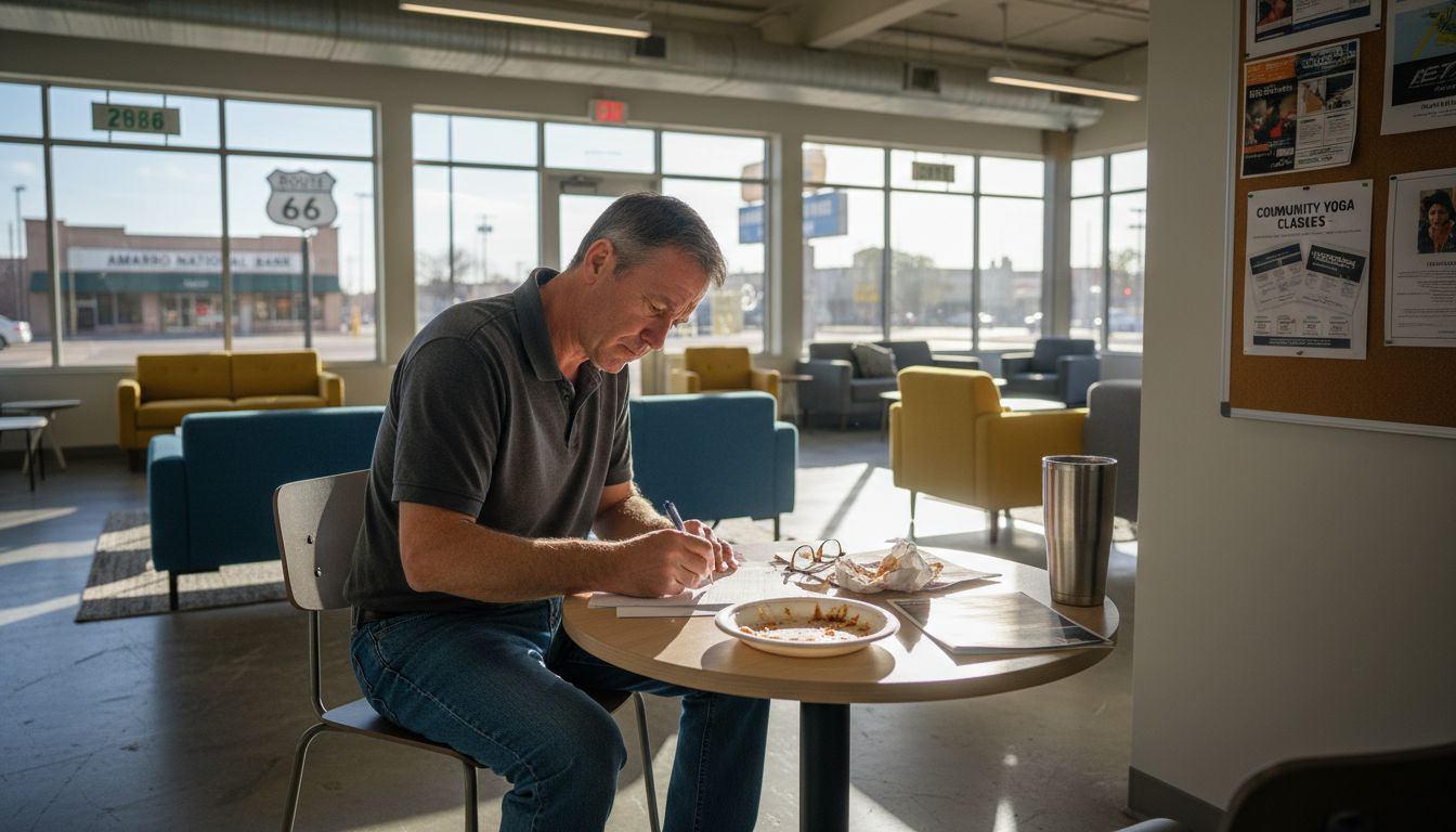 Man filling forms in coworking lounge Amarillo