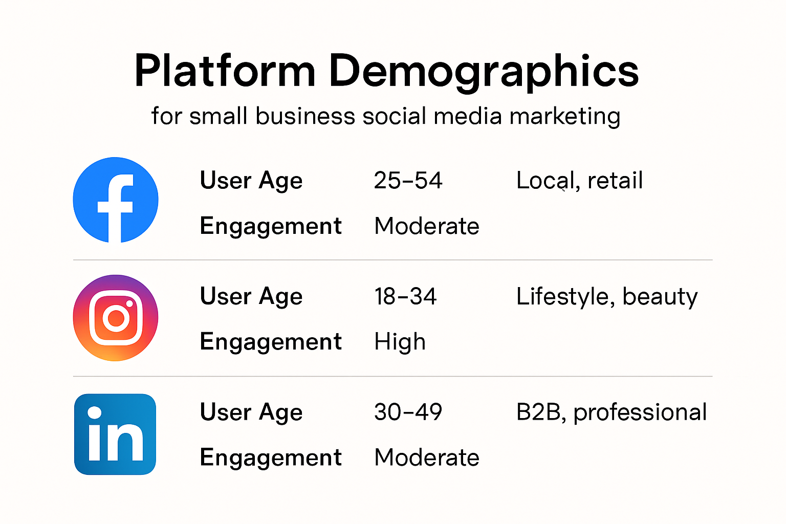 Infographic comparing social media platform demographics and suitability
