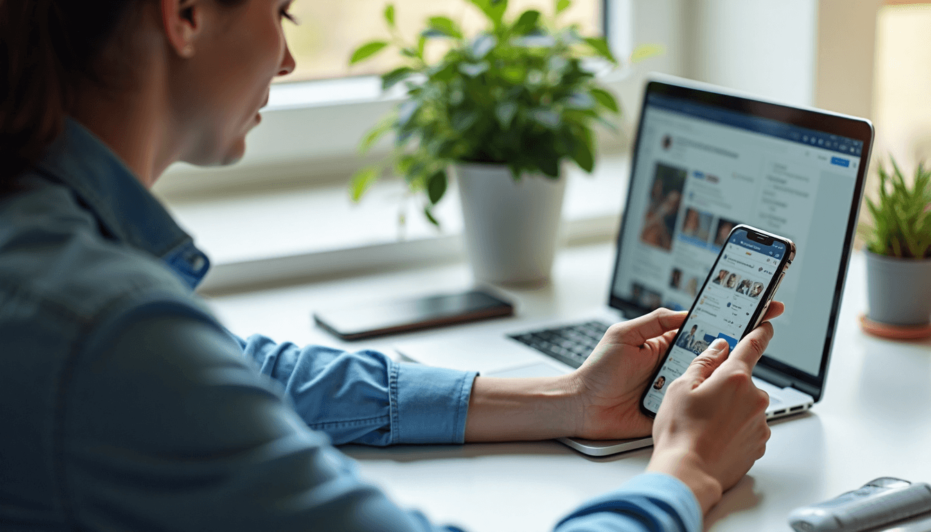 Small business owner managing social media at desk