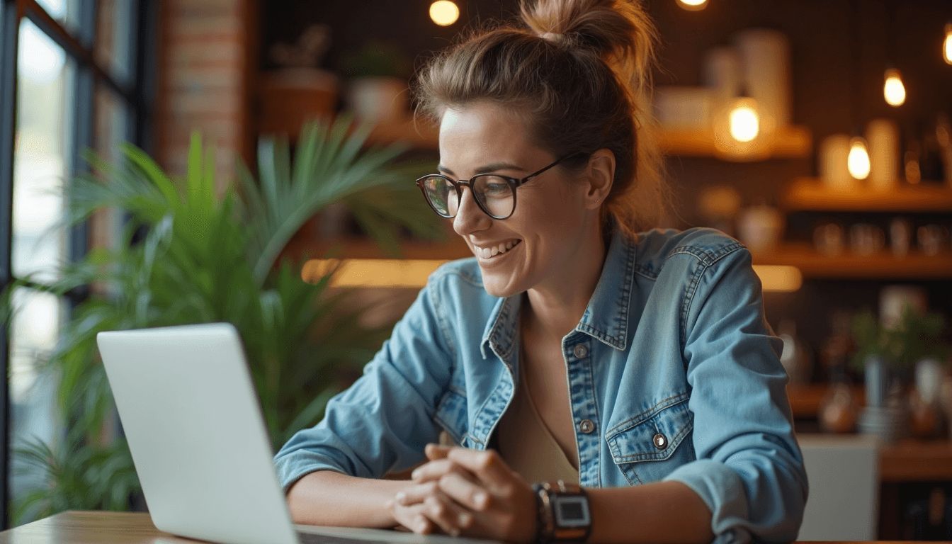 Business owner checking online reviews at desk