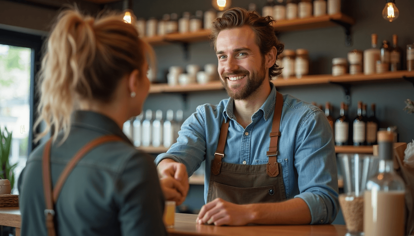 Shop owner interacting with customer inside