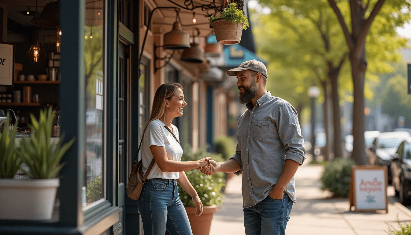 Small business storefront engaging with community