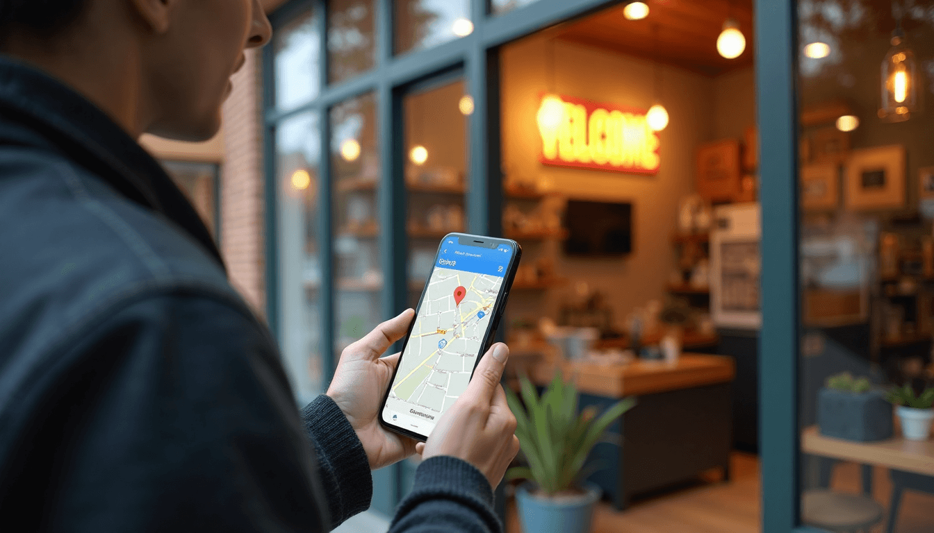 Customer visiting local business with smartphone