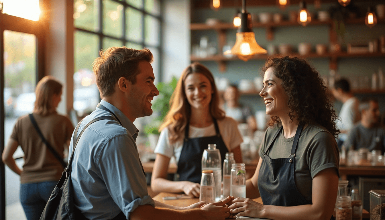 Friendly staff and customers interact inside sunlit local café