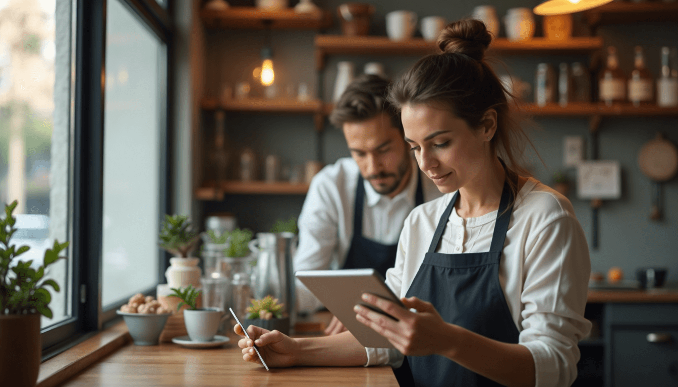 Shop owner replies to customer message on digital tablet