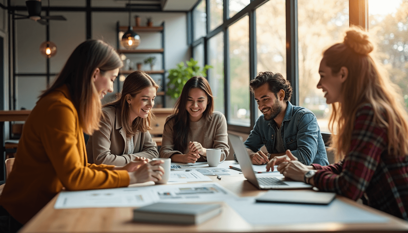 Entrepreneurs collaborating in bright workspace on branding