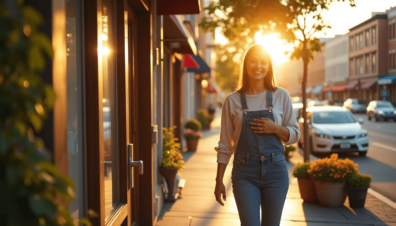 Small business owner opening shop at sunrise