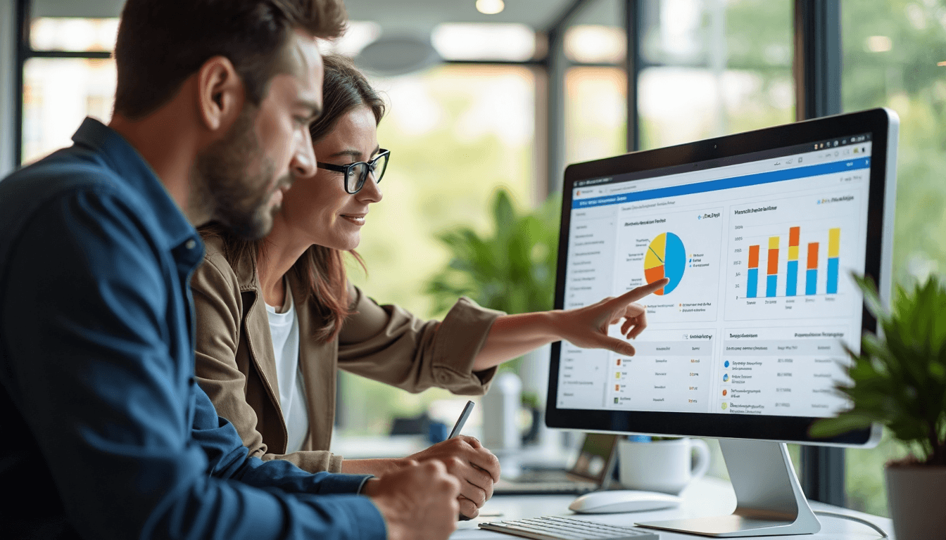 Two people reviewing social ad targeting in modern office