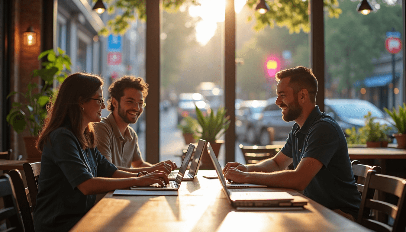 Three small business owners meeting in sunlit café