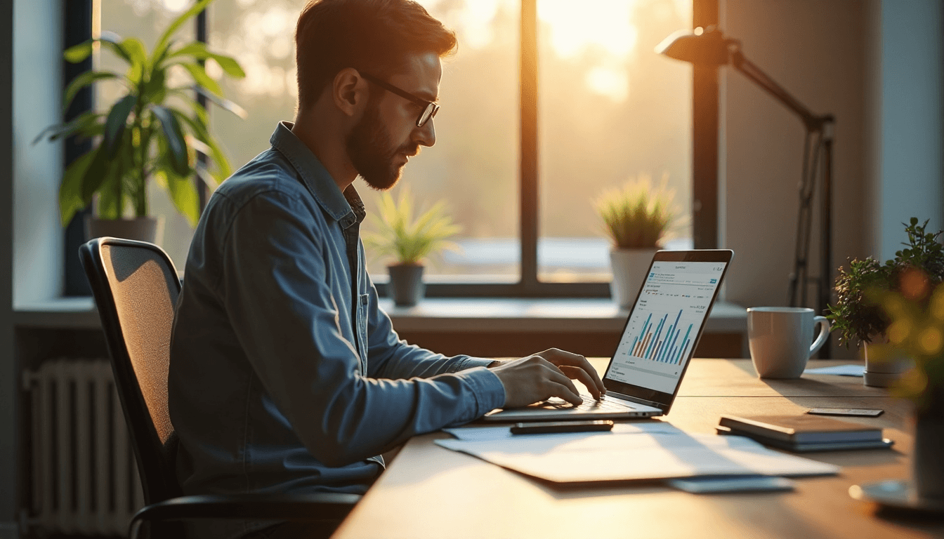 Small business owner reviews site analytics in bright workspace