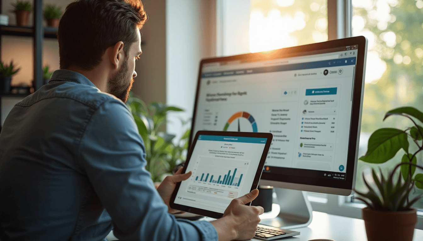 Web developer checks optimization tools in bright workspace