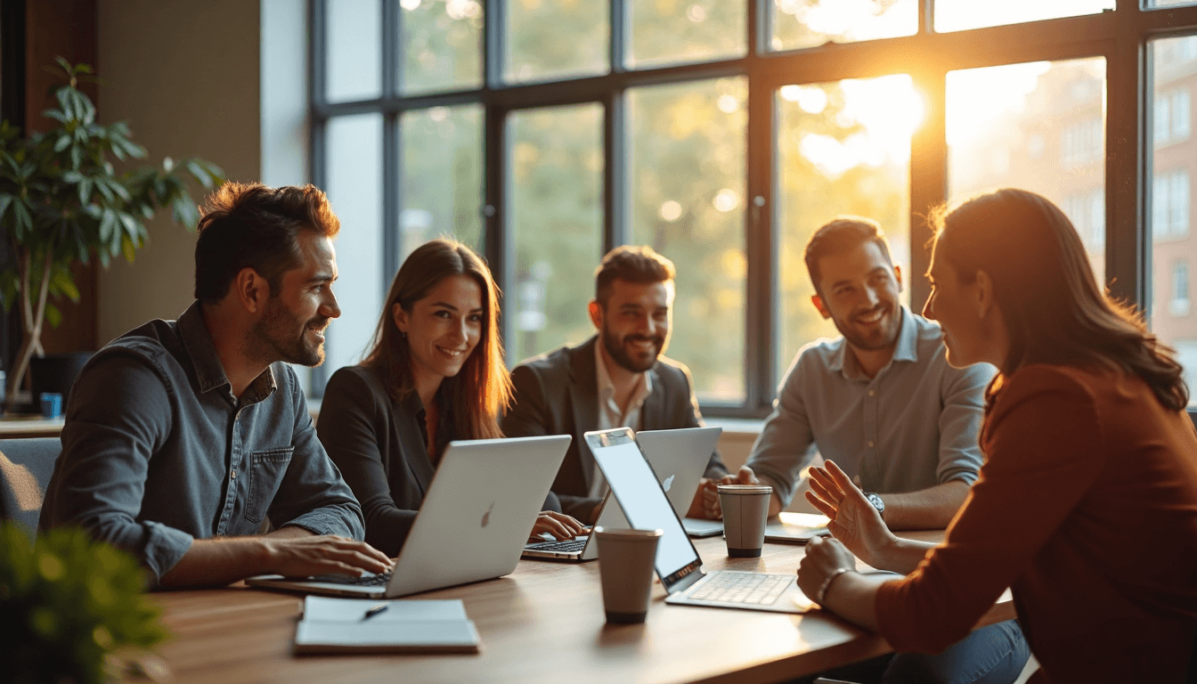 Professionals networking in a modern, sunlit workspace