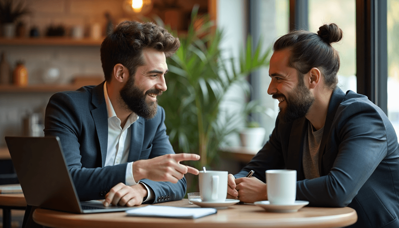 Business owners collaborating in a sunlit café setting