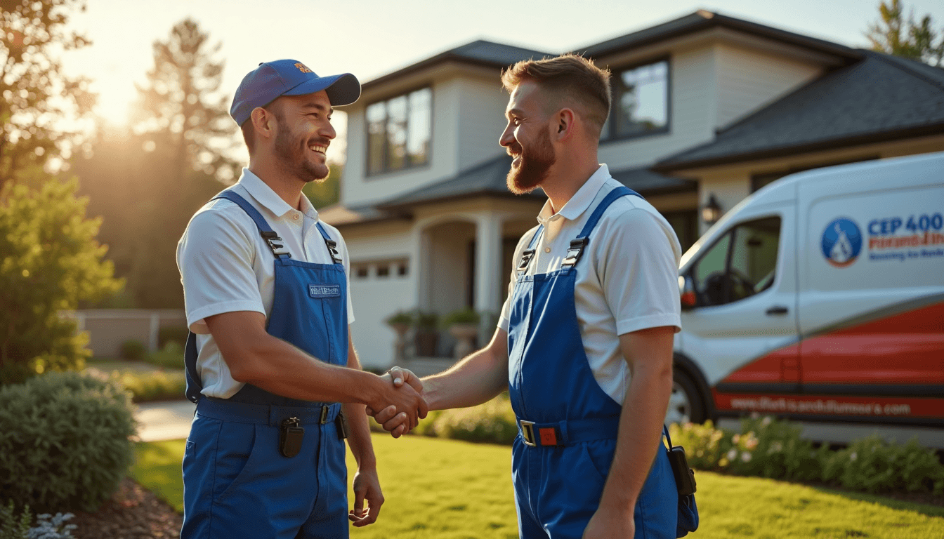 Plumber and homeowner handshake in morning light