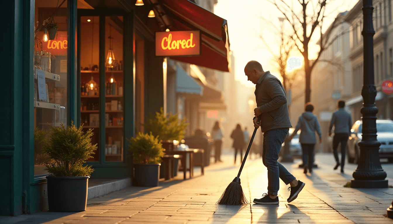 Local store owner sweeping at sunrise