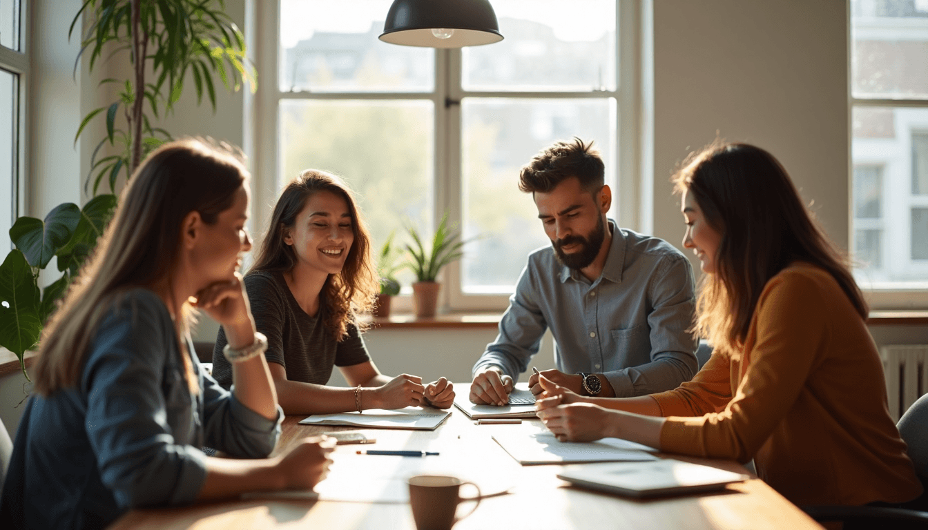 Small business team collaborating in sunlit workspace