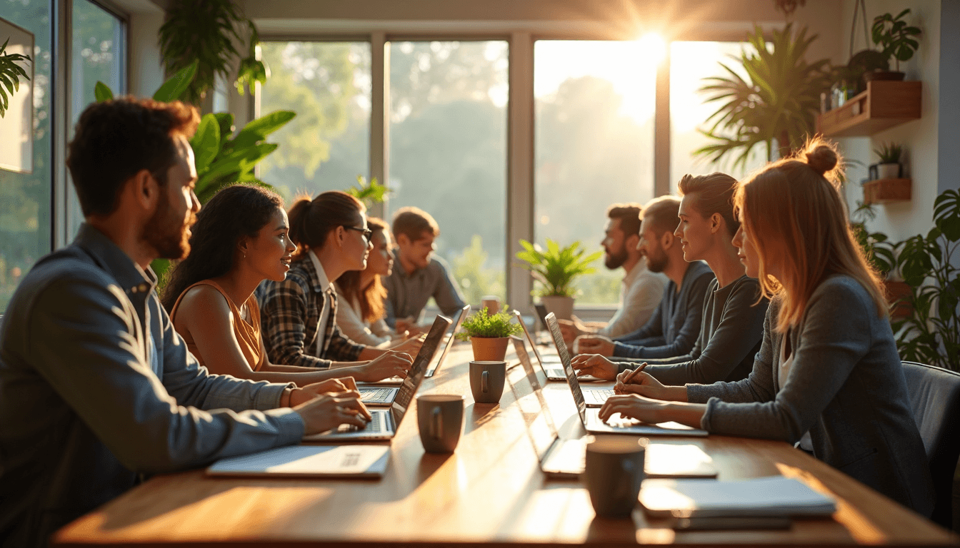 Small business owners collaborating in sunny co-working space