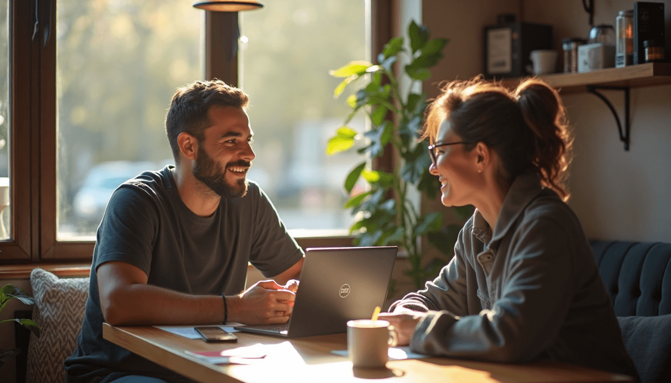 Business owner talking sincerely with customer inside café