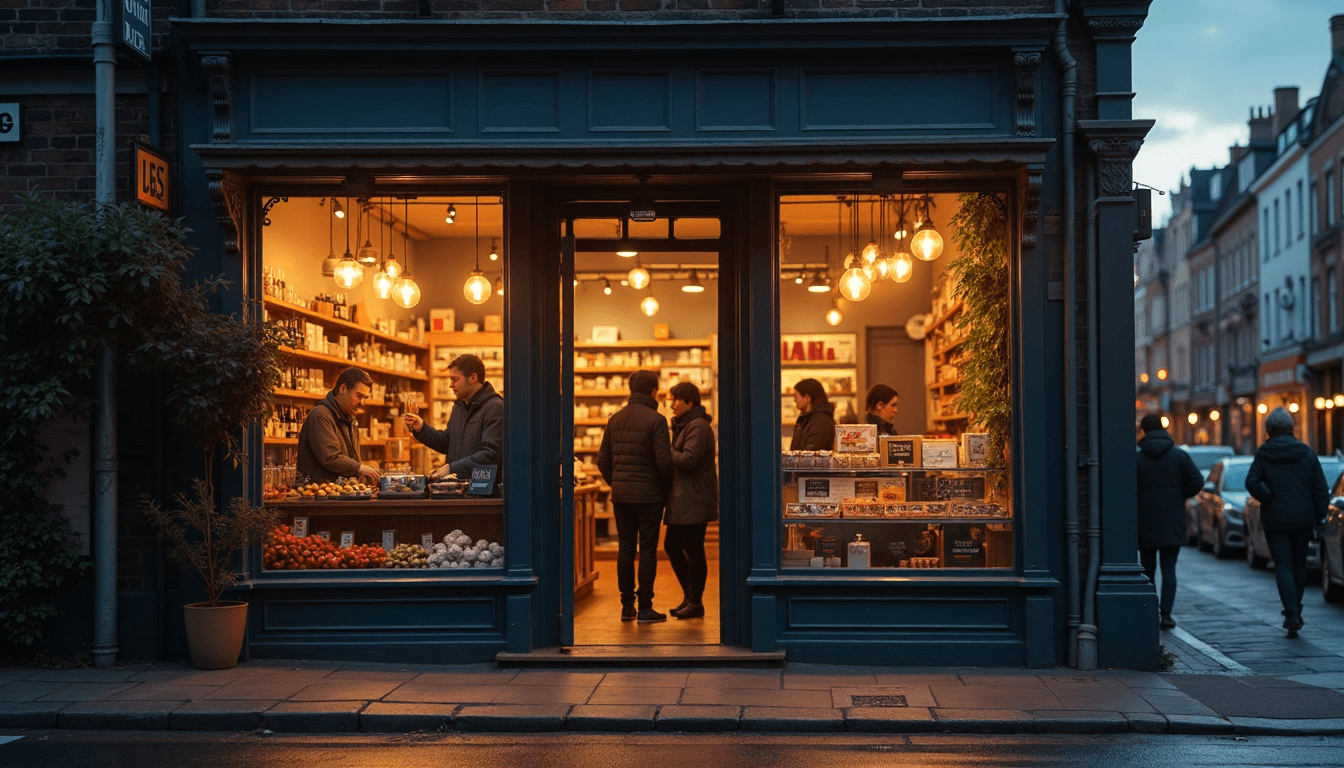 Small business storefront with people inside at dusk