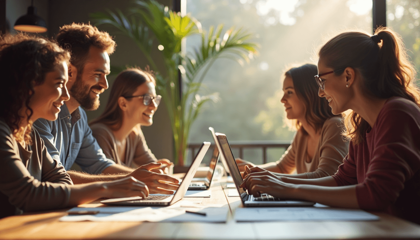 Small business team collaborating in sunny workspace