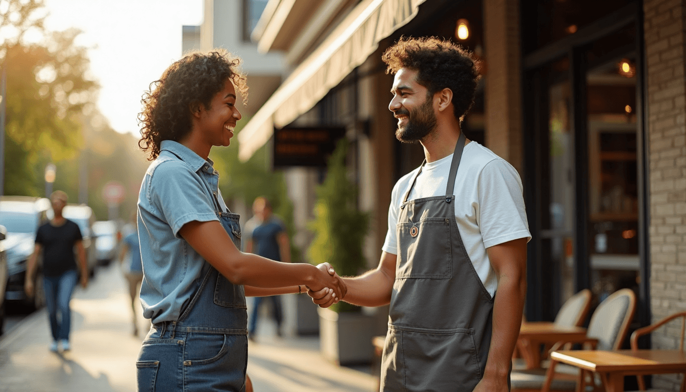 Local business owners shaking hands outside storefronts